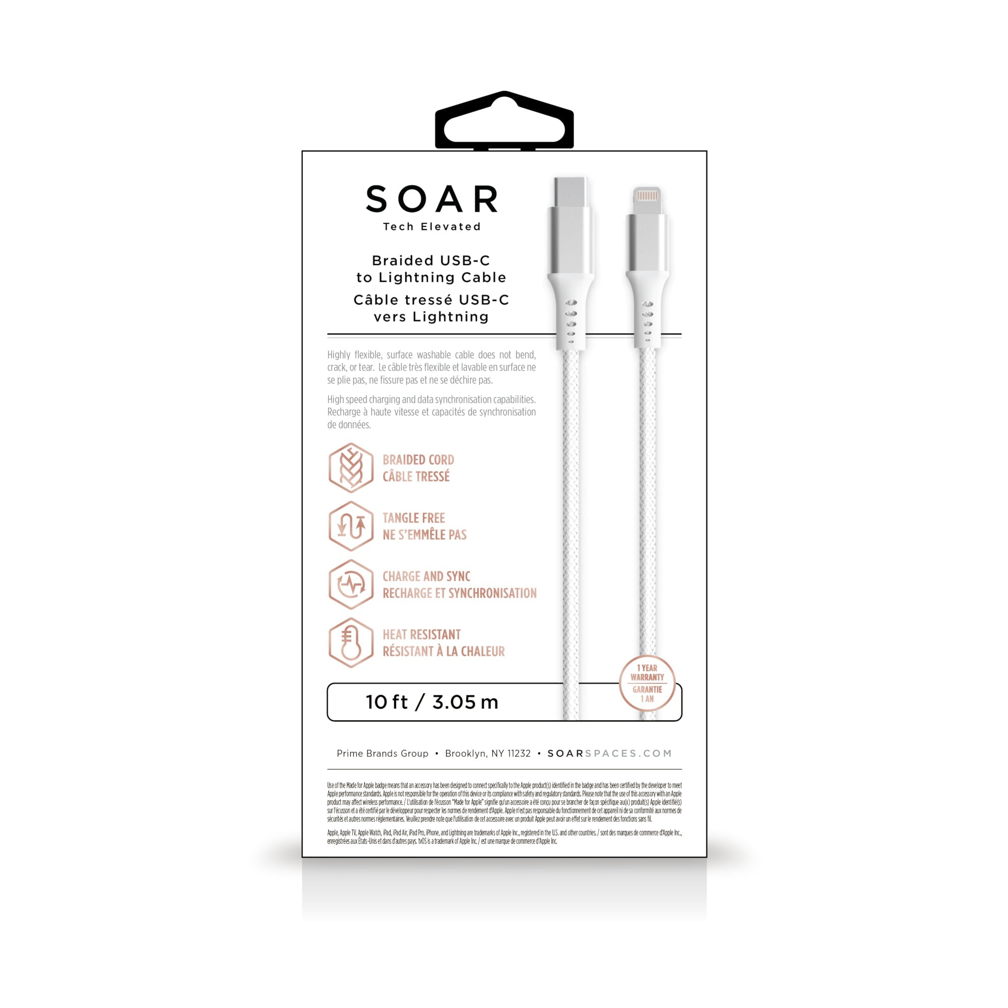 Soar Braided USB-C To Lightning Cable, White, 10-ft.