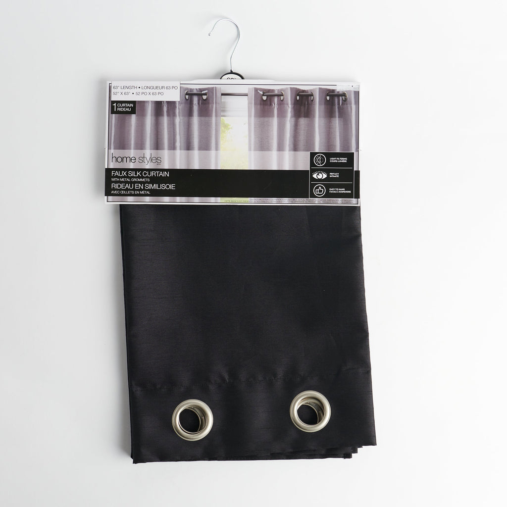 HomeStyles Faux Silk Curtain with Grommets, Black, 52-in x 63-in.