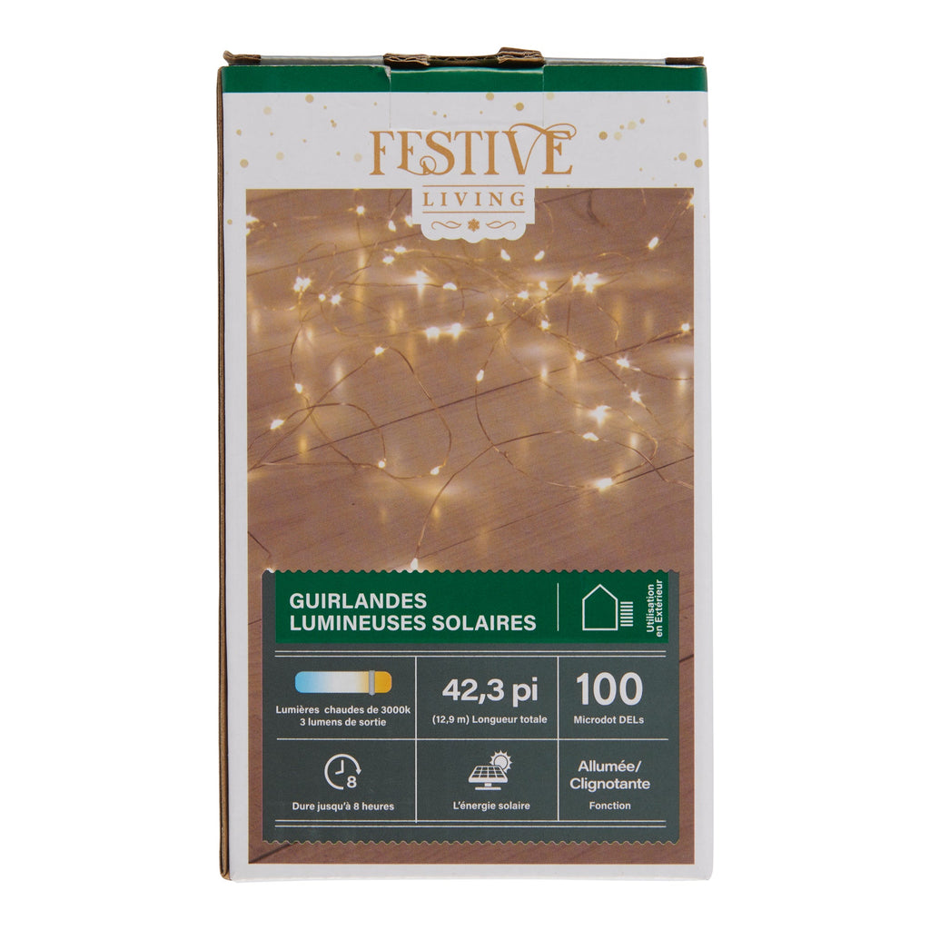 Guirlande lumineuse de 100 lumières festive à DEL à l'énergie solaire, blanc chaud – 10 m