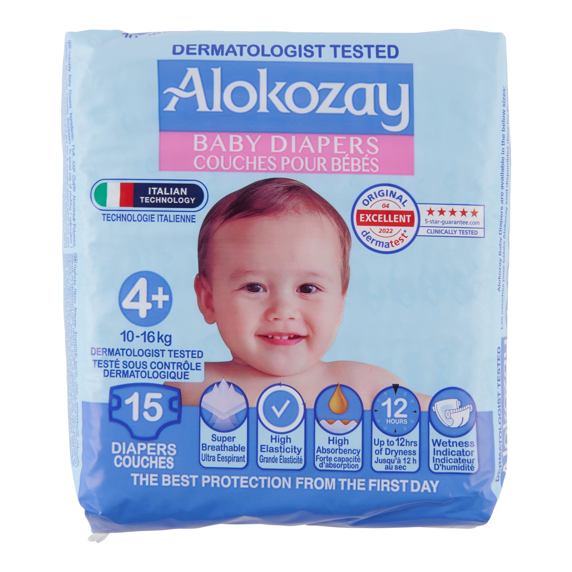 Alokozay Baby Diapers Size 4+ (10- 16 kg), 15-Pack