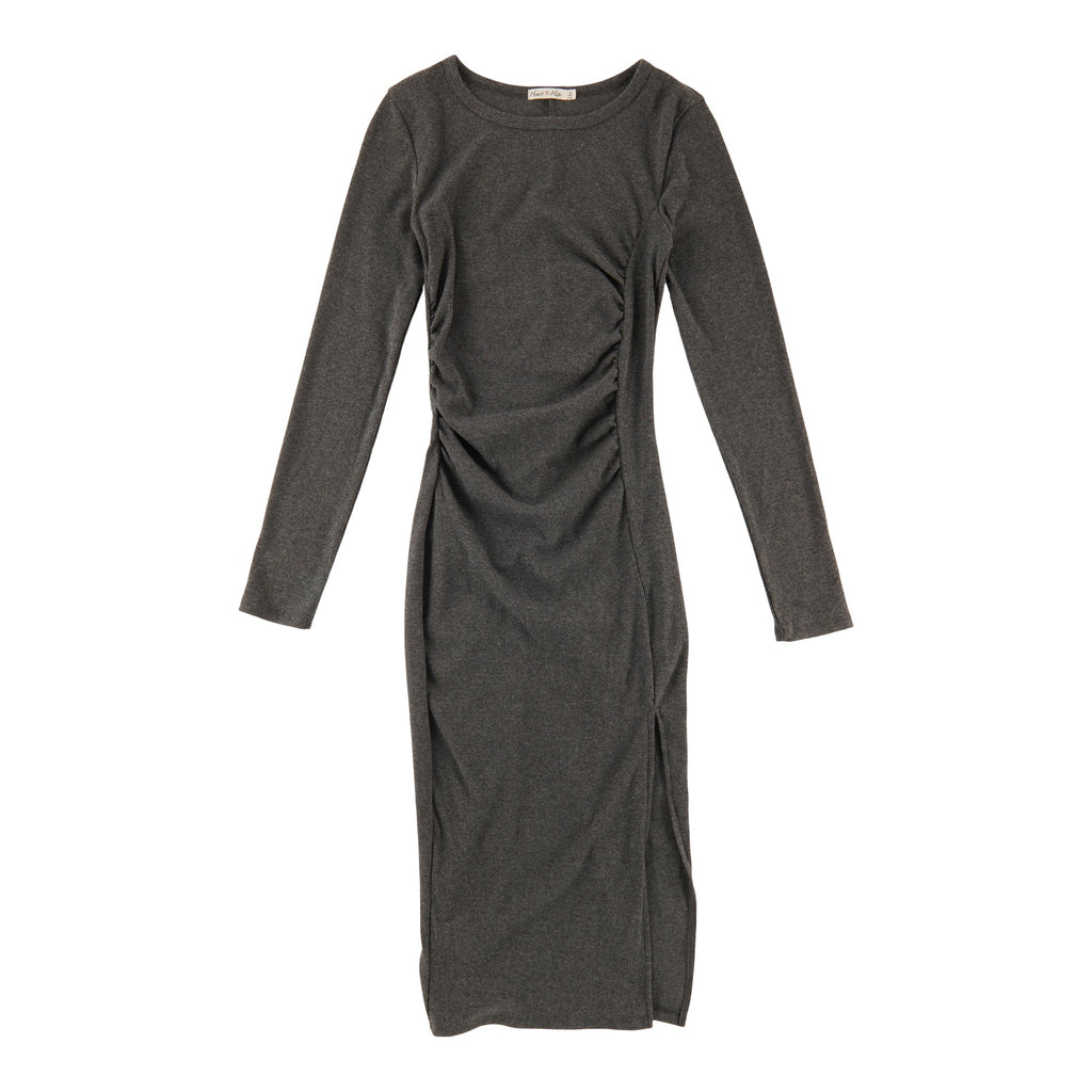 Women's Long Sleeve Side Slit Dress with Ruching